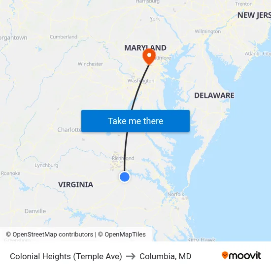 Colonial Heights (Temple Ave) to Columbia, MD map