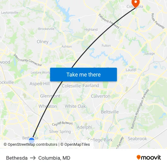 Bethesda to Columbia, MD map