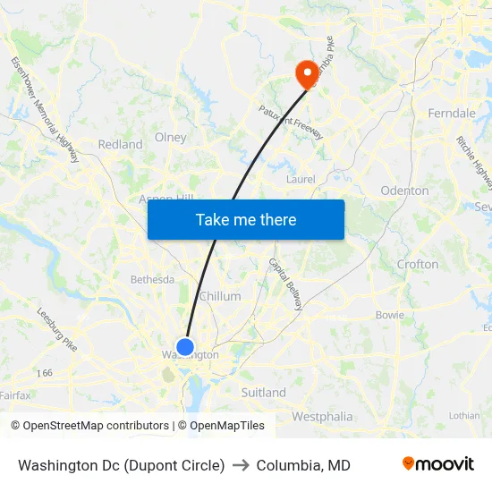 Washington Dc (Dupont Circle) to Columbia, MD map