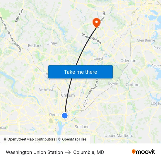 Washington Union Station to Columbia, MD map
