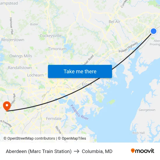 Aberdeen (Marc Train Station) to Columbia, MD map