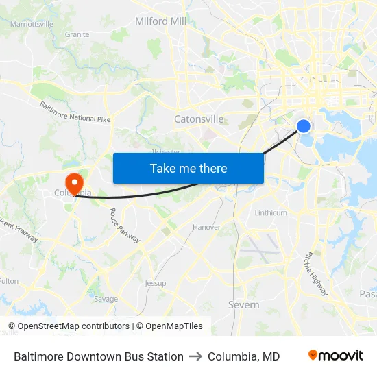 Baltimore Downtown Bus Station to Columbia, MD map