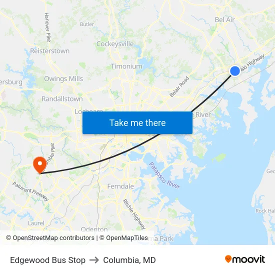 Edgewood Bus Stop to Columbia, MD map