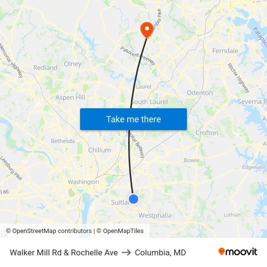 Walker Mill Rd & Rochelle Ave to Columbia, MD map