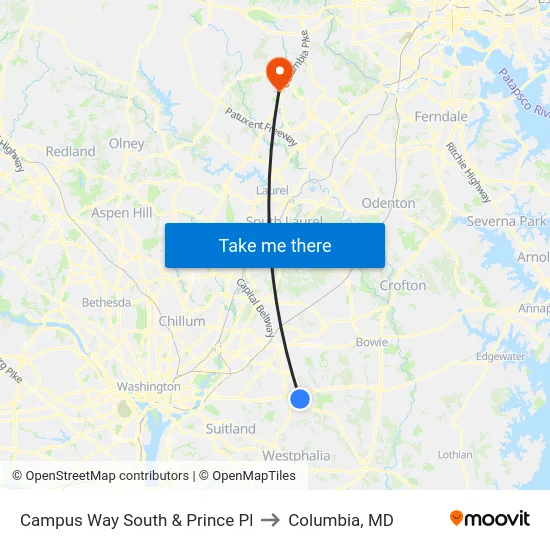Campus Way South & Prince Pl to Columbia, MD map