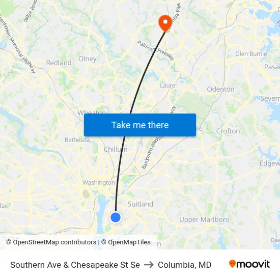 Southern Ave & Chesapeake St Se to Columbia, MD map