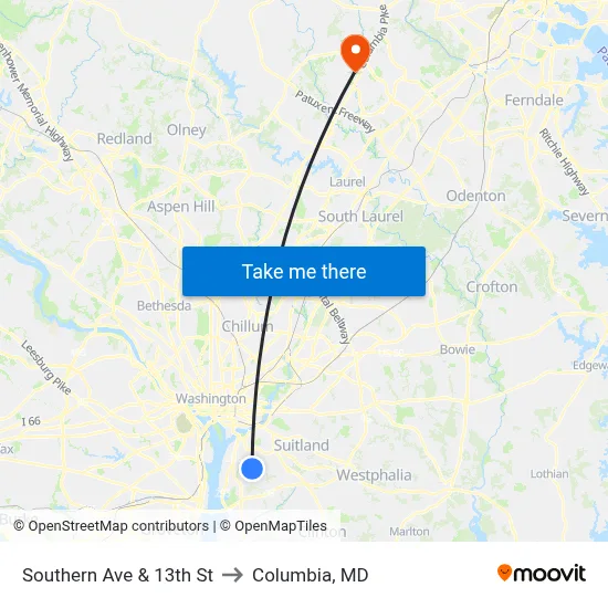 Southern Ave & 13th St to Columbia, MD map
