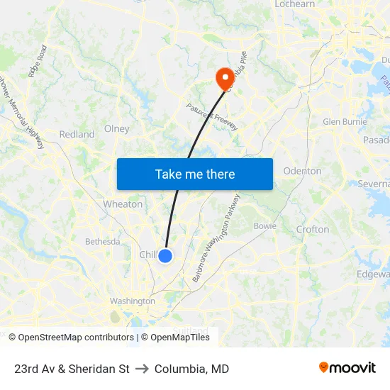 23rd Av & Sheridan St to Columbia, MD map