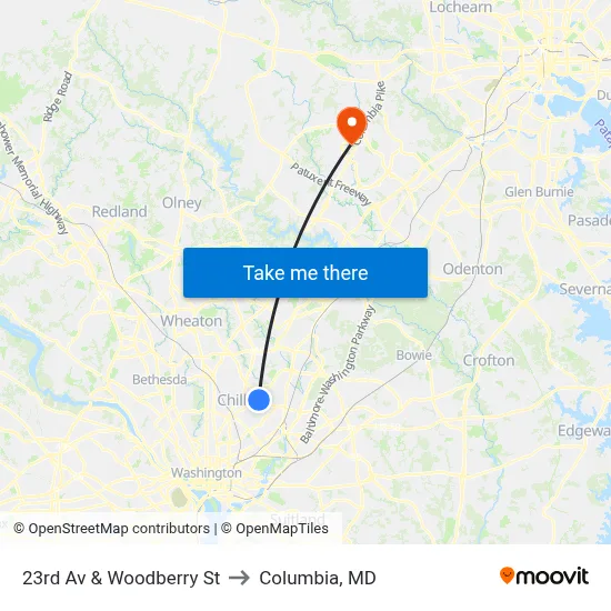 23rd Av & Woodberry St to Columbia, MD map