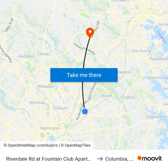 Riverdale Rd at Fountain Club Apartments to Columbia, MD map