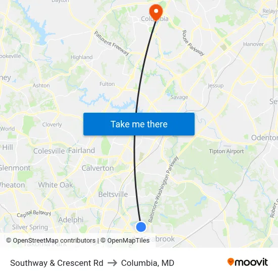 Southway & Crescent Rd to Columbia, MD map