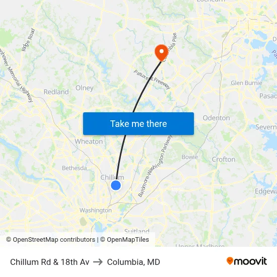 Chillum Rd & 18th Av to Columbia, MD map