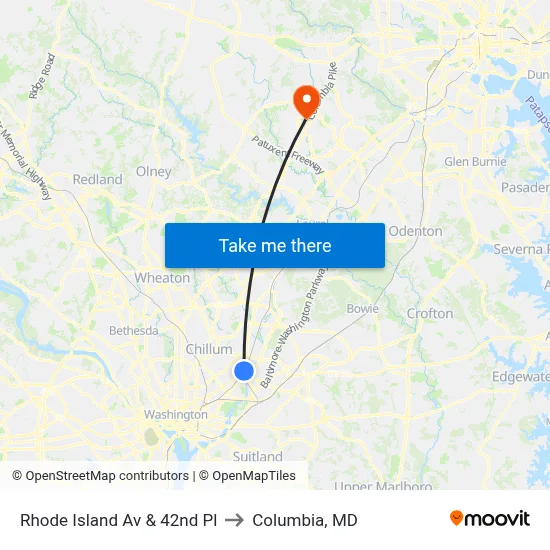 Rhode Island Av & 42nd Pl to Columbia, MD map