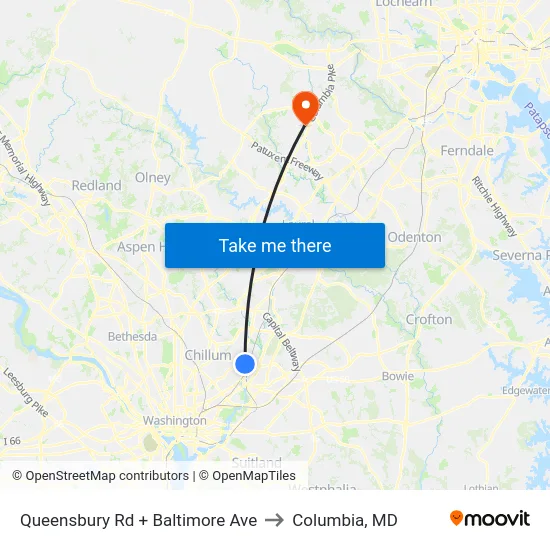 Queensbury Rd + Baltimore Ave to Columbia, MD map
