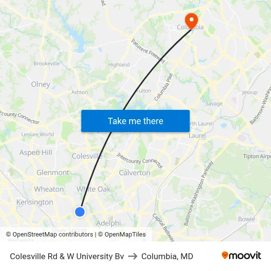 Colesville Rd & W University Bv to Columbia, MD map