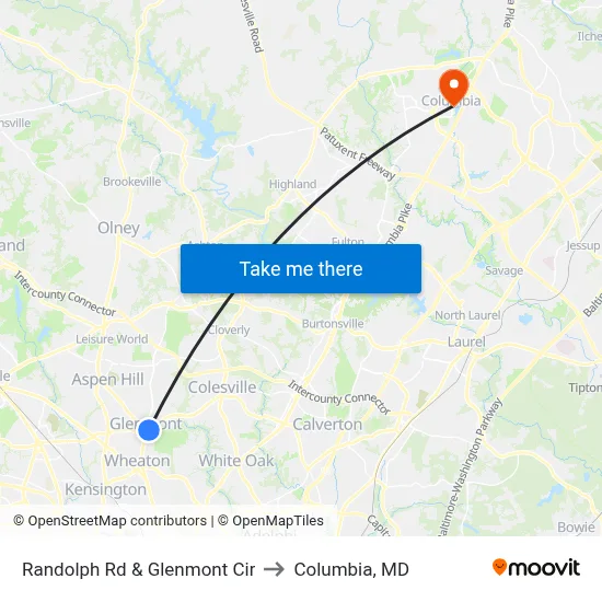 Randolph Rd & Glenmont Cir to Columbia, MD map