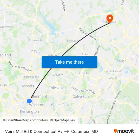 Veirs Mill Rd & Connecticut Av to Columbia, MD map