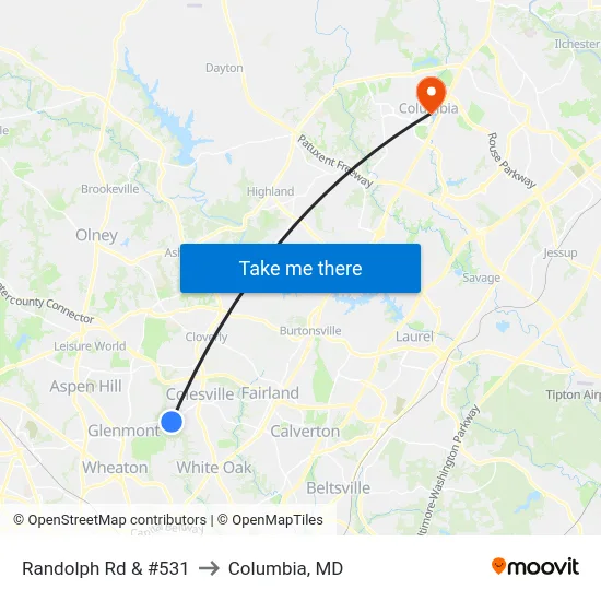 Randolph Rd & #531 to Columbia, MD map