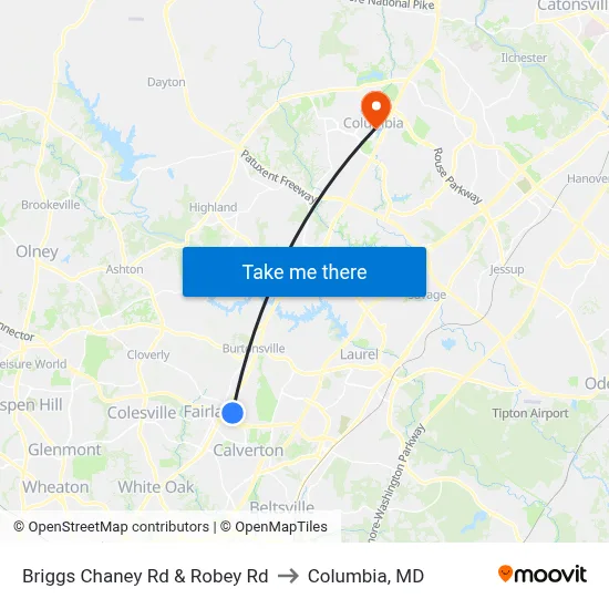 Briggs Chaney Rd & Robey Rd to Columbia, MD map