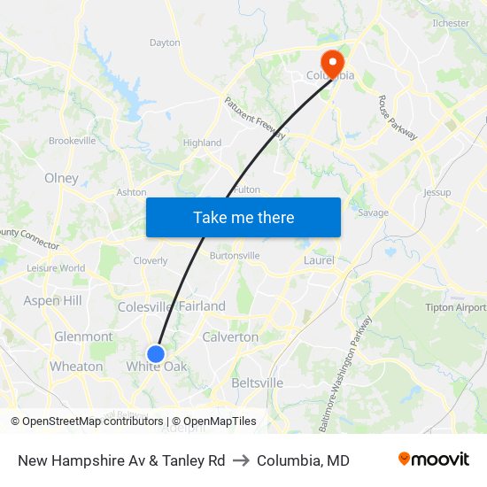New Hampshire Av & Tanley Rd to Columbia, MD map