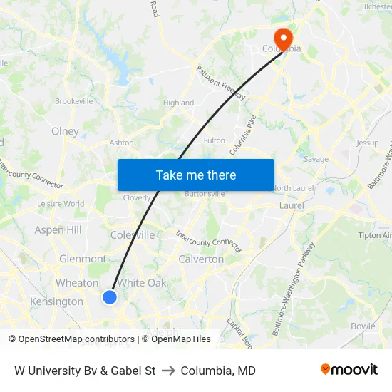 W University Bv & Gabel St to Columbia, MD map