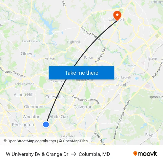 W University Bv & Orange Dr to Columbia, MD map