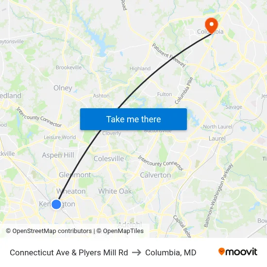 Connecticut Ave & Plyers Mill Rd to Columbia, MD map