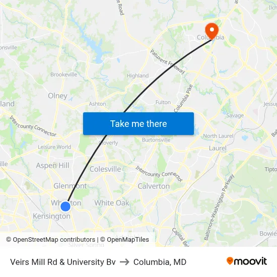 Veirs Mill Rd & University Bv to Columbia, MD map