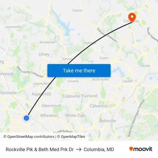 Rockville Pik & Beth Med Prk Dr to Columbia, MD map