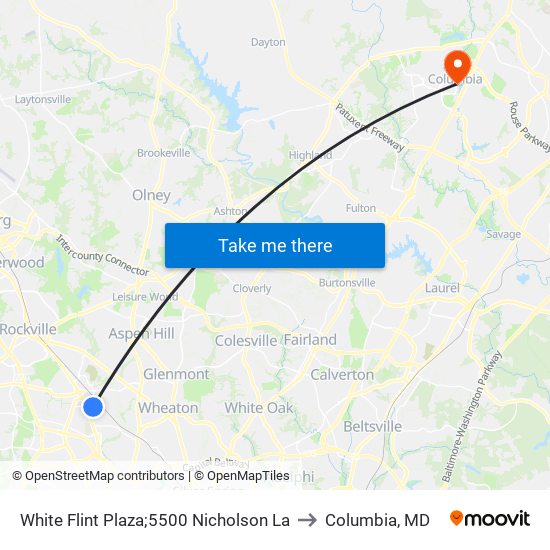 White Flint Plaza;5500 Nicholson La to Columbia, MD map