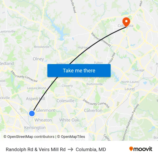 Randolph Rd & Veirs Mill Rd to Columbia, MD map