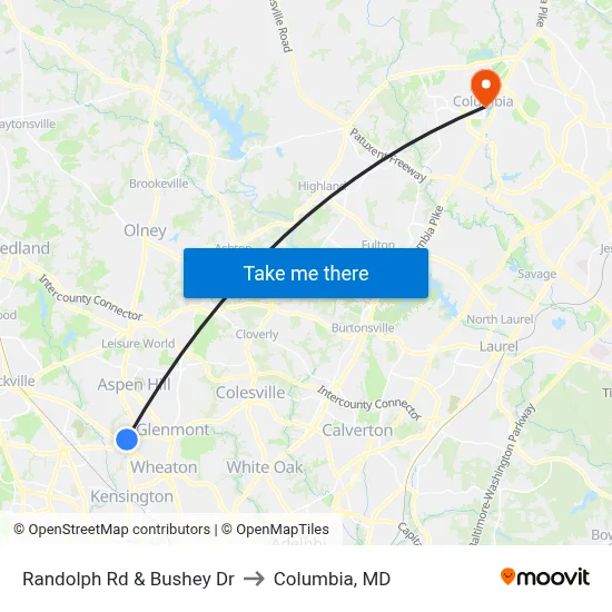Randolph Rd & Bushey Dr to Columbia, MD map