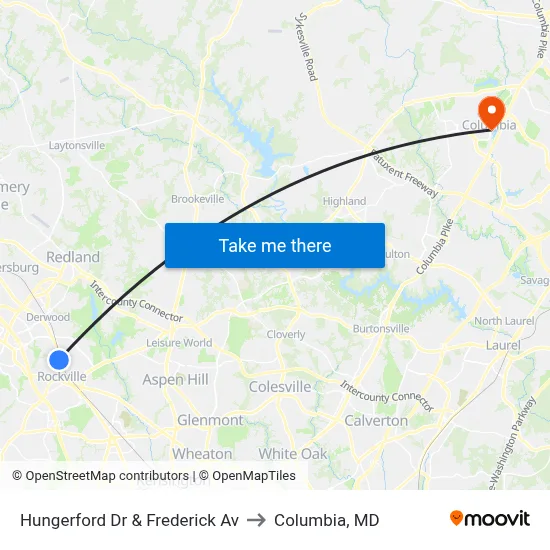 Hungerford Dr & Frederick Av to Columbia, MD map