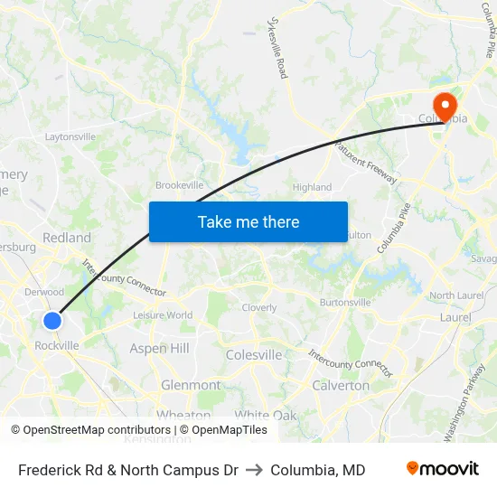 Frederick Rd & North Campus Dr to Columbia, MD map