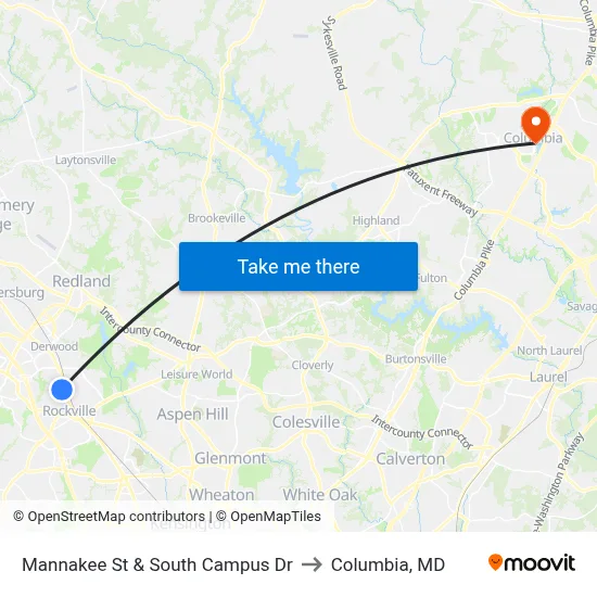 Mannakee St & South Campus Dr to Columbia, MD map