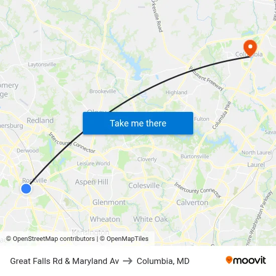 Great Falls Rd & Maryland Av to Columbia, MD map