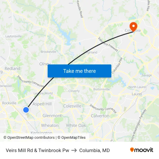 Veirs Mill Rd & Twinbrook Pw to Columbia, MD map