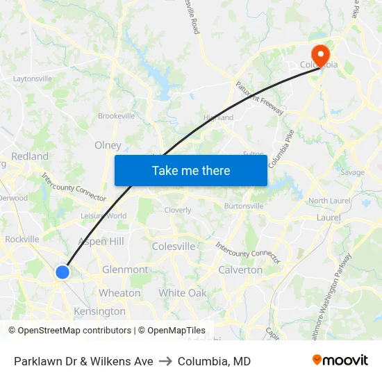 Parklawn Dr & Wilkens Ave to Columbia, MD map