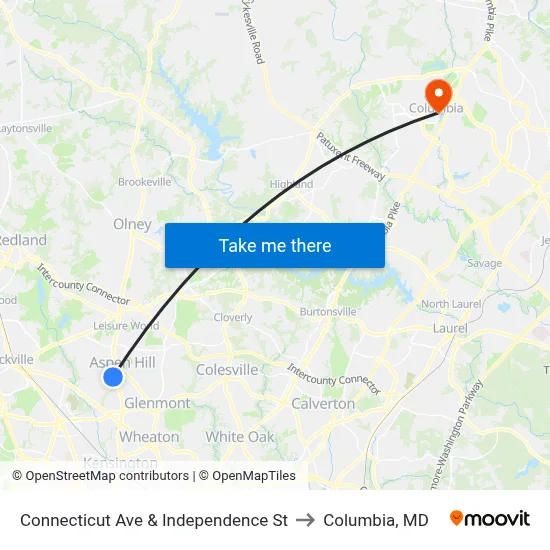 Connecticut Ave & Independence St to Columbia, MD map