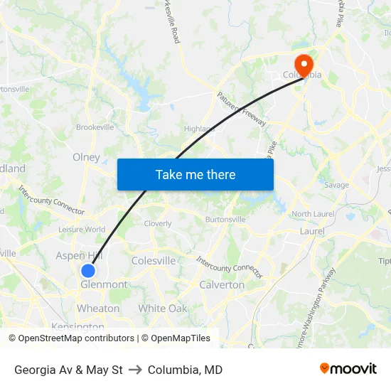 Georgia Av & May St to Columbia, MD map