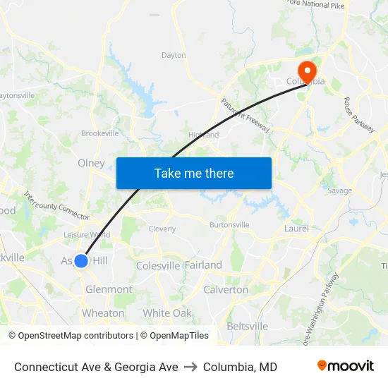 Connecticut Ave & Georgia Ave to Columbia, MD map
