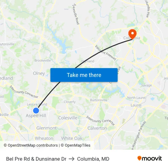 Bel Pre Rd & Dunsinane Dr to Columbia, MD map