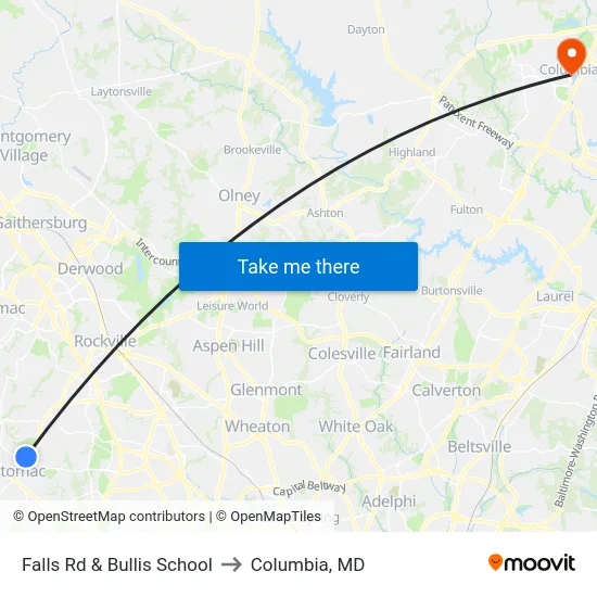 Falls Rd & Bullis School to Columbia, MD map