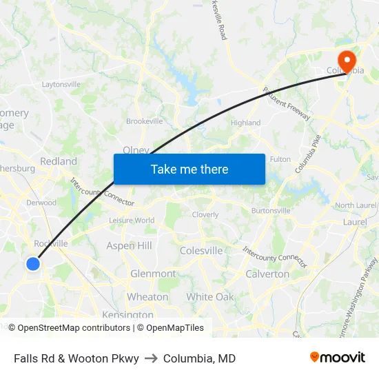 Falls Rd & Wooton Pkwy to Columbia, MD map