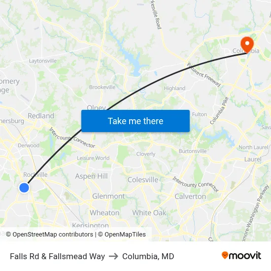 Falls Rd & Fallsmead Way to Columbia, MD map