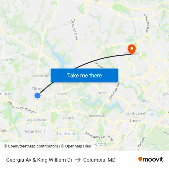 Georgia Av & King William Dr to Columbia, MD map