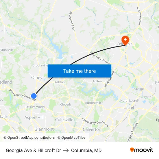 Georgia Ave & Hillcroft Dr to Columbia, MD map