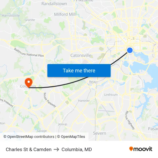 Charles St & Camden to Columbia, MD map