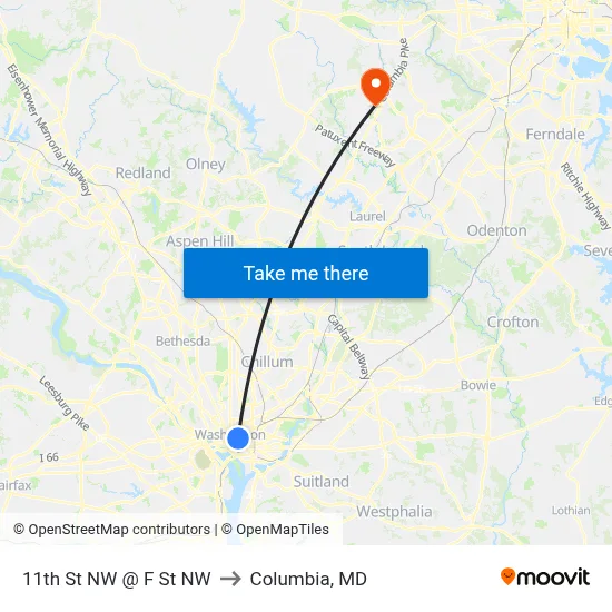 11th St NW @ F St NW to Columbia, MD map