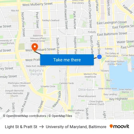 Light St & Pratt St to University of Maryland, Baltimore map